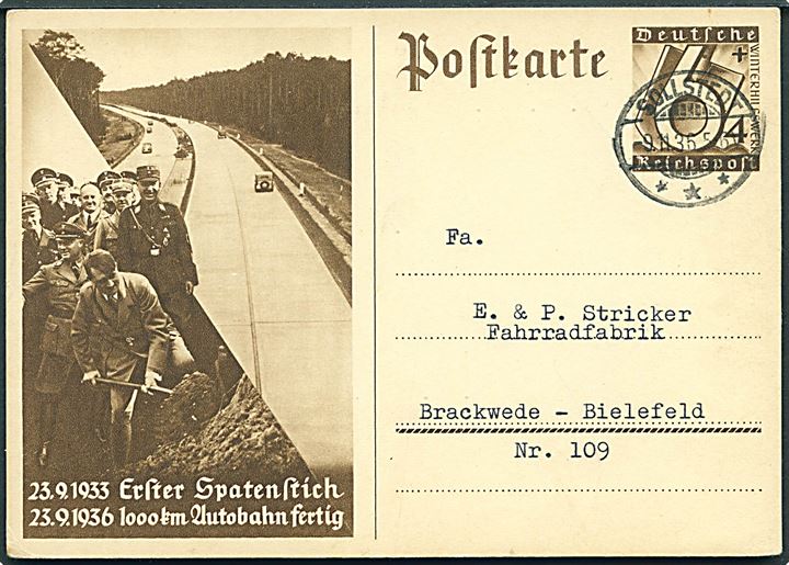 6+4 pfg. illustreret Autobahn helsagsbrevkort fra Sollstedt d. 9.11.1936 til Bielefeld.