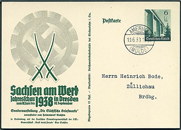 6 pfg. Sachsen am Werk 1938 illustreret helsagsbrevkort fra Amerika (Mulde) d. 10.6.1938 til Züllichau, Brandenburg. Uden meddelelse.