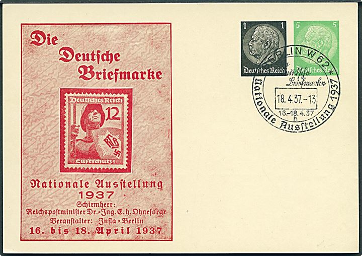 5+1 pfg. privat illustreret helsagsbrevkort Nationale Ausstellung 1937 annulleret med særstempel i Berlin d. 18.4.1937. Uadresseret. 