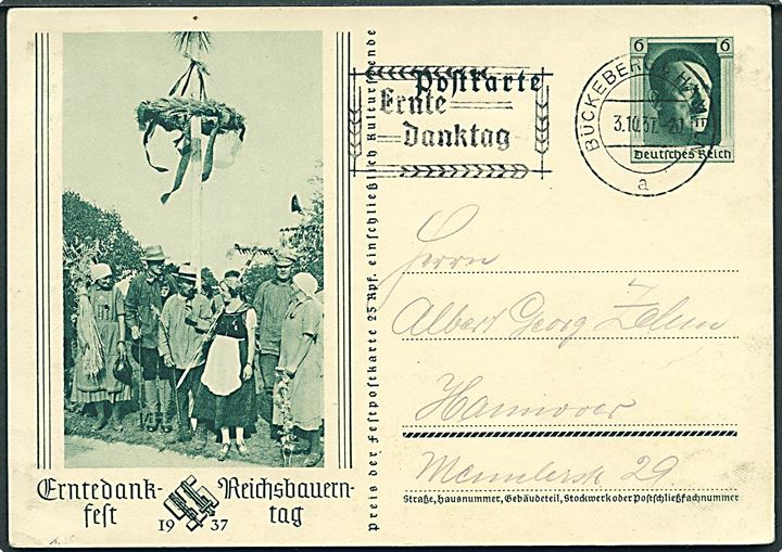 6 pfg. illustreret helsagsbrevkort Erntedankfest / Reichsbauerntag 1937 fra Brückenberg d. 3.10.1937 til Hannover.