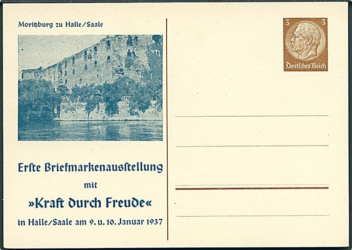 3 pfg. privat illustreret helsagsbrevkort Erste Briefmarkenausstellung mit Kraft durch Freude in Halle/Saale 1937. Ubrugt.