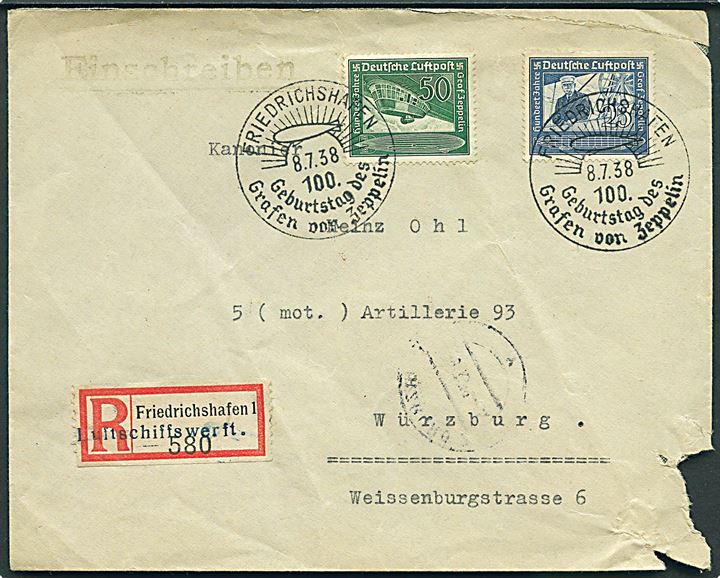 Komplet sæt Graf Zeppelin 100 år på anbefalet brev fra Friedrichshafen d. 8.7.1938 til Würzburg. Rec.-etiket fra Friedrichshafen 1 overstemplet Luftschiffswerft. Skader i højre hjørne.