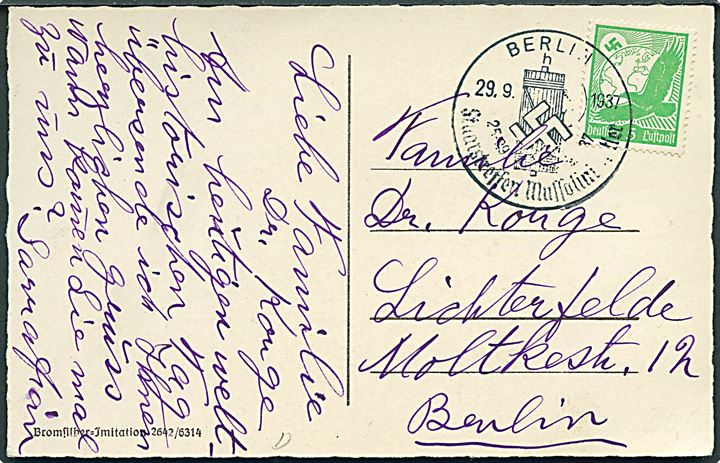 5 pfg. Luftpost på lokalt brevkort annulleret med særstempel Berlin Staatstreffen Mussolini - Hitler d. 29.9.1937.