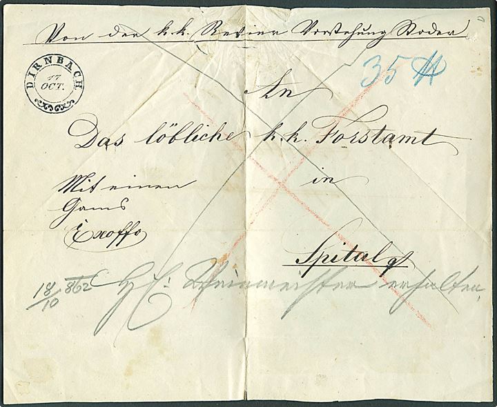 1862. Pakkefølgebrev stemplet Dirnbach d. 17.10.1862 til Spital