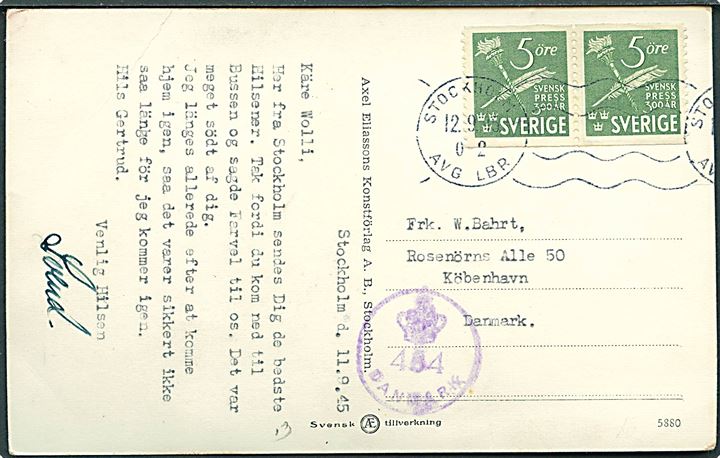 5 öre Svensk Presse i parstykke på brevkort fra Stockholm d. 12.9.1945 til København, Danmark. Dansk efterkrigscensur (krone)/454/Danmark.