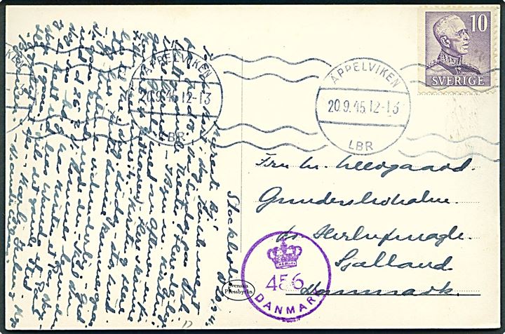 10 öre Gustaf på brevkort fra Äppelviken d. 20.9.1945 til Herlufsmagle, Danmark. Dansk efterkrigscensur (krone)/456/Danmark.