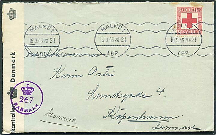20 öre Røde Kors på brev fra Malmö d. 15.9.1945 til København, Danmark. Dansk efterkrigscensur (krone)/267/Danmark.