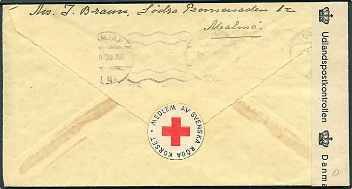 20 öre Røde Kors på brev fra Malmö d. 19.6.1945 til København, Danmark. Dansk efterkrigscensur (krone)/286/Danmark.