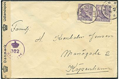10 öre Gustaf (2) på brev fra Limhamn d. 9.7.1945 til København, Danmark. Dansk efterkrigscensur (krone)/322/Danmark.