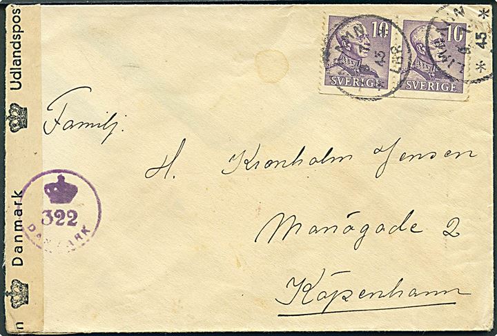 10 öre Gustaf (2) på brev fra Limhamn d. 9.7.1945 til København, Danmark. Dansk efterkrigscensur (krone)/322/Danmark.