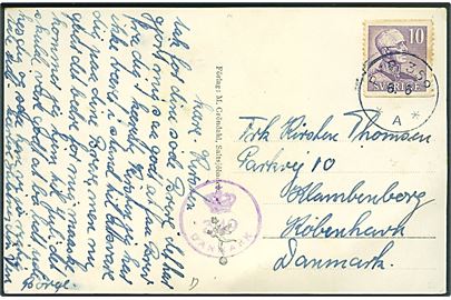 10 öre Gustaf på brevkort fra Saltsjöbaden annulleret med bureaustempel PXP 359 d. 6.6.1945 til Klampenborg, Danmark. Dansk efterkrigscensur (krone)/349/Danmark