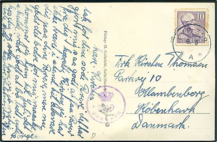10 öre Gustaf på brevkort fra Saltsjöbaden annulleret med bureaustempel PXP 359 d. 6.6.1945 til Klampenborg, Danmark. Dansk efterkrigscensur (krone)/349/Danmark