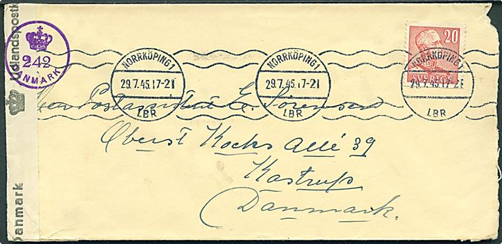 20 öre Gustaf på brev fra Norrköping d. 29.7.1945 til Kastrup, Danmark. Dansk efterkrigscensur (krone)/242/Danmark.