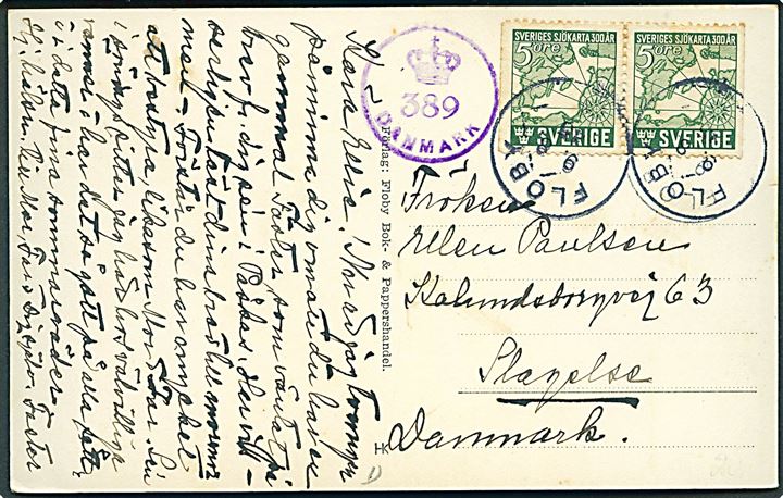 5 öre Sjökarta i parstykke på brevkort fra Floby d. 9.8.1945 til Slagelse, Danmark. Dansk efterkrigscensur (krone)/389/Danmark.