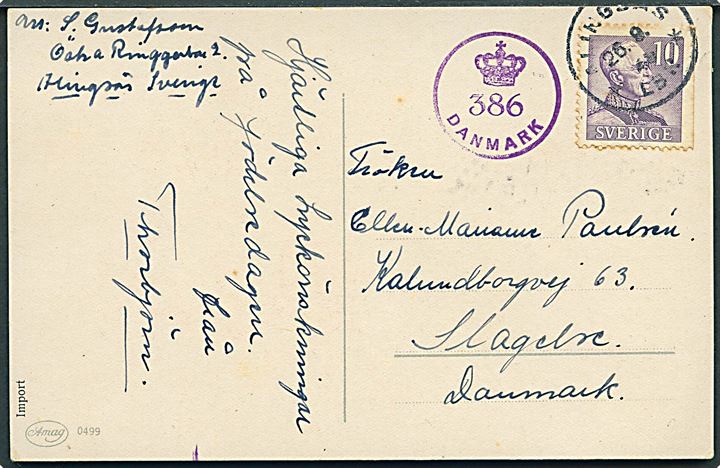 10 öre Gustaf på brevkort fra Allingsås d. 26.9.1945 til Slagelse, Danmark. Dansk efterkrigscensur (krone)/386/Danmark.