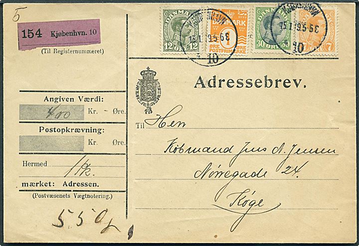1 øre Bølgelinie, 7 øre, 12 øre og 30 øre Chr. X på 50 øre frankeret adressebrev for værdipakke fra Kjøbenhavn d. 13.1.1919 til Køge.