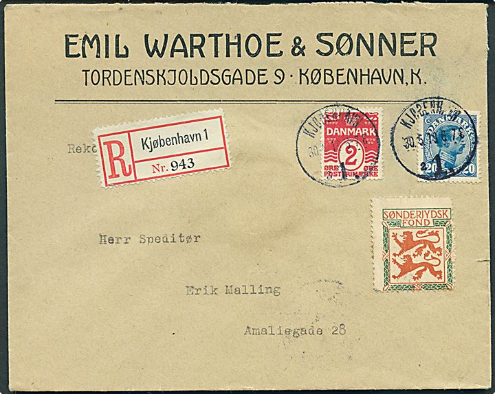 2 øre Bølgelinie og 20 øre Chr. X, samt Sønderjydsk Fond mærket, på 22 øre frankeret lokalt anbefalet brev i Kjøbenhavn d. 30.5.1919.