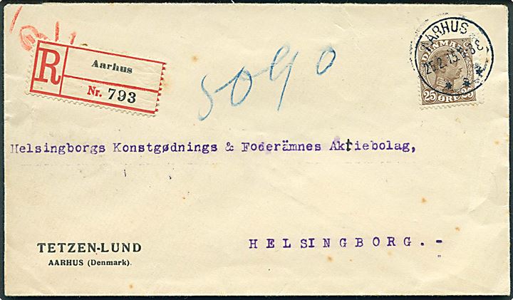 25 øre Chr. X single på anbefalet brev fra Aarhus d. 25.2.1915 til Helsingborg, Sverige.