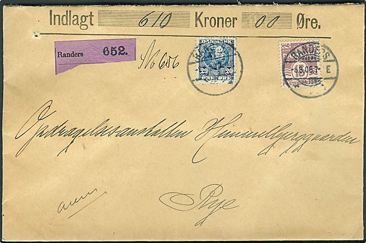 15 øre Bølgelinie og 20 øre Chr. IX på værdibrev fra Randers d. 8.3.1906 til Rye.