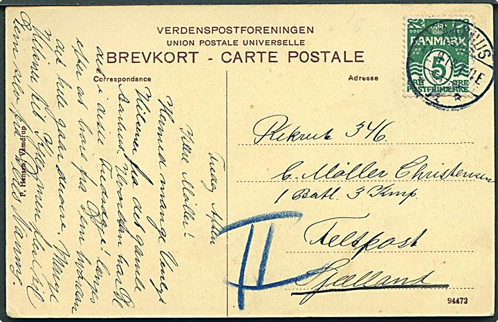 5 øre Bølgelinie på brevkort fra Aarhus d. 11.9.1914 til soldat ved 1. Batl. 3. Komp. Feltpost Sjælland.
