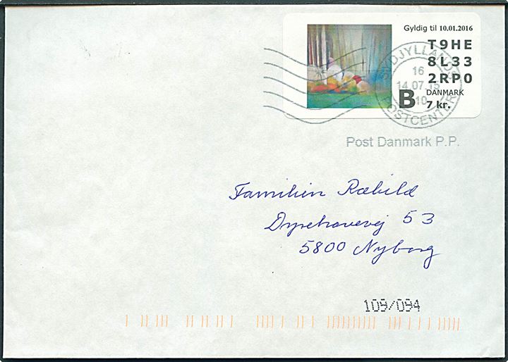 7 kr. illustreret frankeringsetiket på brev fra Ørbæk stemplet Sydjyllands Postcenter d. 14.7.2015 til Nyborg.