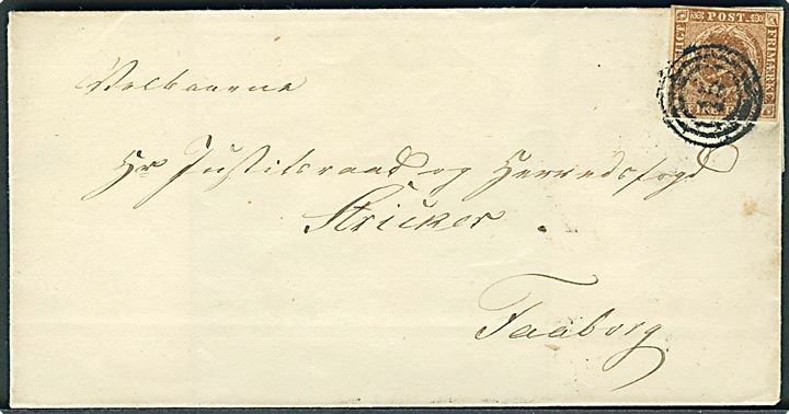 4 R.B.S. Thiele III gråbrun på distriktsbrev ca. 1854 annulleret med nr.stempel 15 (Faaborg) til Faaborg. 