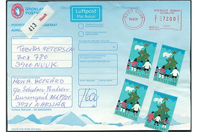 72 kr. posthusfranko og Julemærke 1991 (4) på adressekort for indenrigs luftpostpakke fra Godthåb d. 19.12.1991 til Narssaq.