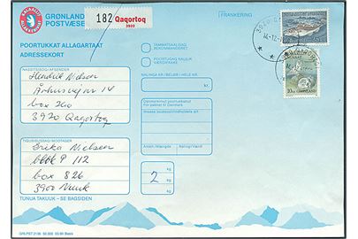 10 kr. Sneugle og 25 kr. Torsk på adressekort for indenrigspakke fra Qaqortoq d. 14.12.1990 til Nuuk.