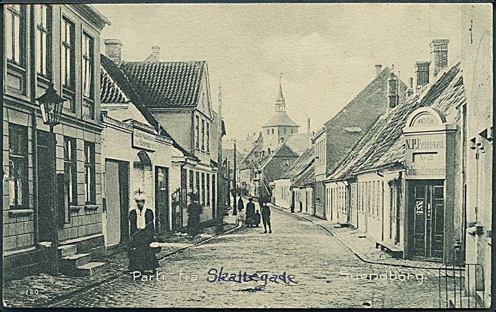 Parti fra Skattergade, Svendborg.  N. P. Petersens Colonialforretning no. 35. No. 120. 