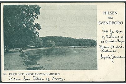 Hilsen fra Svendborg. Parti ved Kristiansminde - Broen. No. 285. 