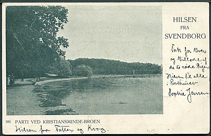 Hilsen fra Svendborg. Parti ved Kristiansminde - Broen. No. 285. 