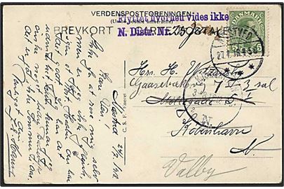 5 øre grøn Chr. X på postkort fra Næstved d. 27.7.1916 til København. Modtageren er flyttet, eftersendt til Valby.