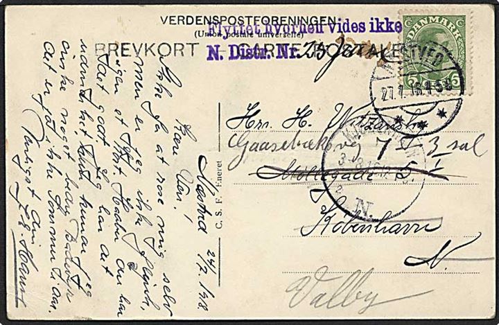 5 øre grøn Chr. X på postkort fra Næstved d. 27.7.1916 til København. Modtageren er flyttet, eftersendt til Valby.