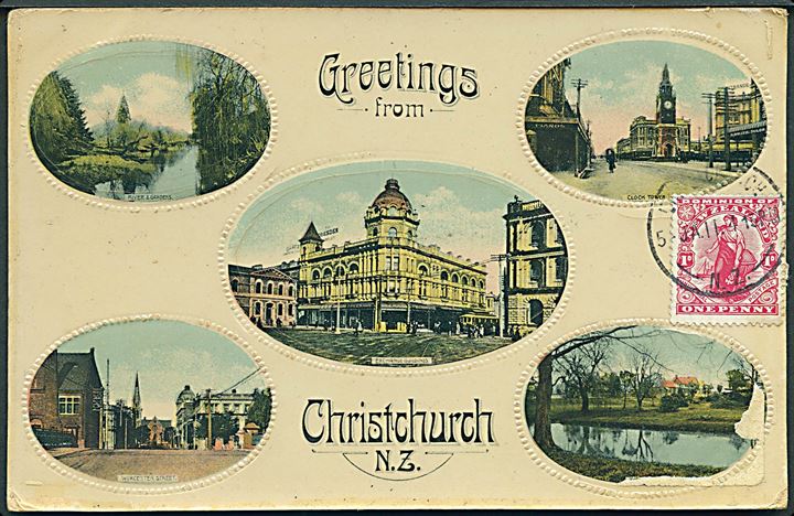 Greetings from Christchurch, N. Z. Gold Medal Series no. 1761. Prægekort. 