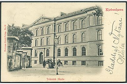 Teknisk Skole i Kjøbenhavn. Warburgs Kunstforlag no. 82. Frankeret med 2 øre Bølgelinie og sendt som lokal tryksag i Aalborg d. 30.12.1907.