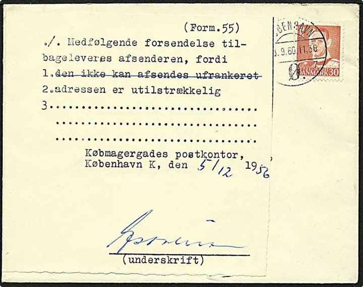 30 øre rød Fr. IX på lokalt brev fra København d. 3.9.1960. Returneret pga. utilstrækkelig adresse med Form. 55 fra Købmagergades Postkontor.