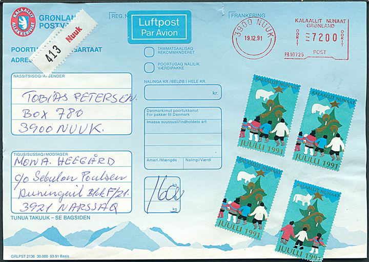 72 kr. posthusfranko og Julemærke 1991 (4) på adressekort for indenrigs luftpostpakke fra Godthåb d. 19.12.1991 til Narssaq.