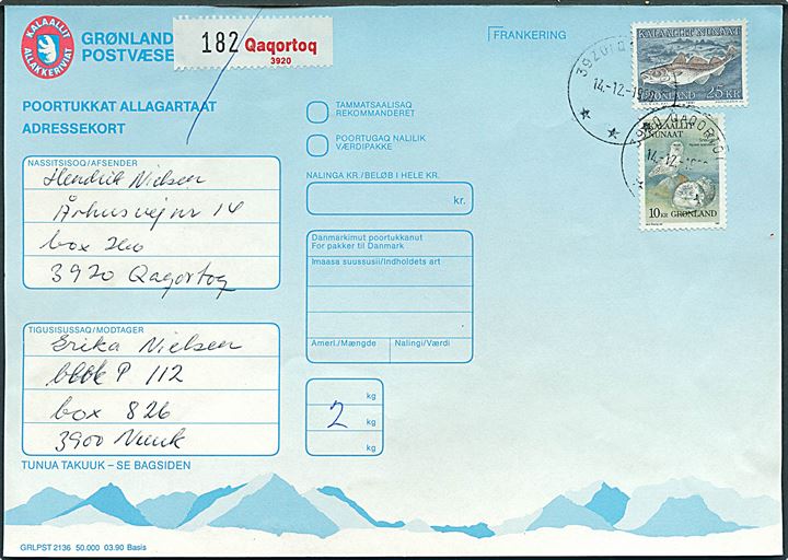 10 kr. Sneugle og 25 kr. Torsk på adressekort for indenrigspakke fra Qaqortoq d. 14.12.1990 til Nuuk.