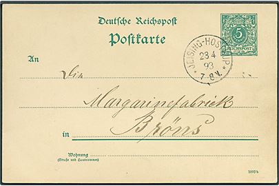 5 pfg. helsagsbrevkort annulleret Jejsing-Hostrup d. 23.4.1893 til Brøns.