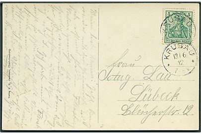 5 pfg. Germania på brevkort stemplet Krusau d. 13.6.1912 til Lübeck. 