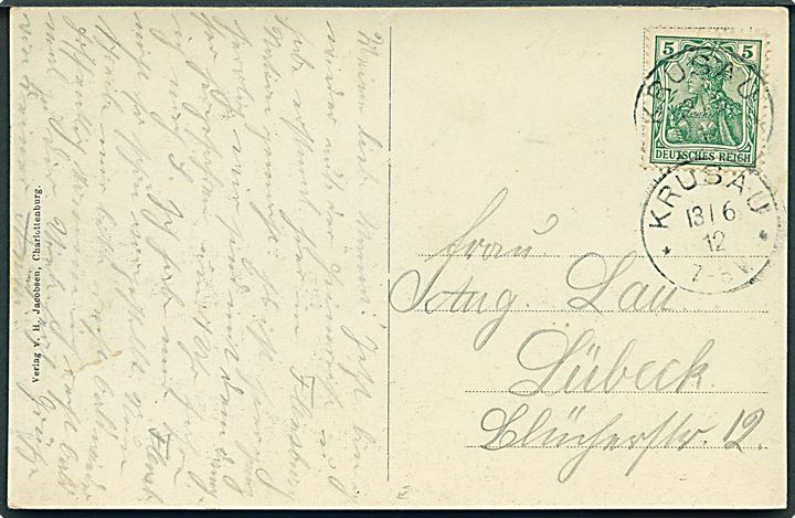 5 pfg. Germania på brevkort stemplet Krusau d. 13.6.1912 til Lübeck. 