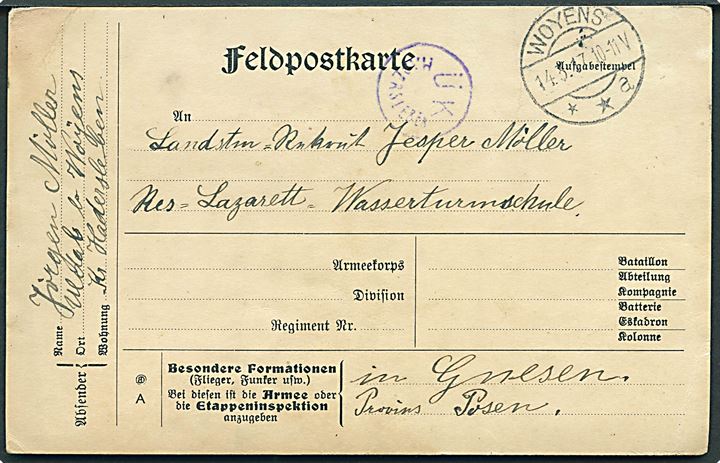 Ufrankeret feltpostkort fra Uldal stemplet Woyens **a d. 14.3.1917 til soldat på lazaret i Gnesen. Blå censur: Ü K Hadersleben.