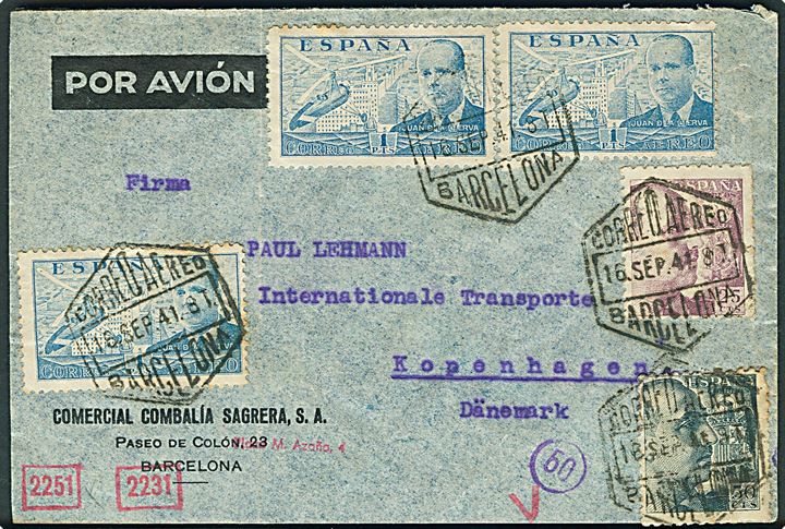 25 cts., 50 cts. Franco og 1 pts. Cierva (3) på luftpostbrev fra Barcelona d. 16.9.1941 til København, Danmark. Spansk censur fra Barcelona og åbnet af tysk censur i München.
