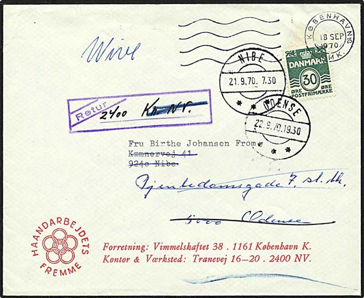 30 øre grøn på brev fra København d. 21.9.1970 til Odense. Omadresseret til Nibe og sendt retur.