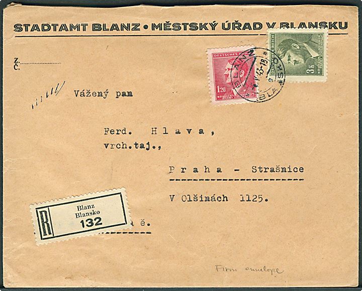 Böhmen-Mähren. 1,20 k. og 3 k. Hitler udg. på anbefalet brev fra Blanz d. 6.5.1943 til Prag.