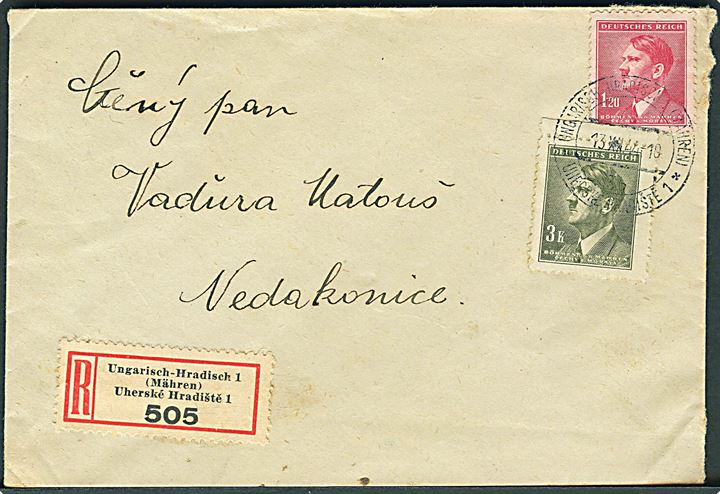 Böhmen-Mähren. 1,20 k. og 3 k. Hitler udg. på anbefalet brev fra Ungarisch-Hradisch d. 13.12.1943.