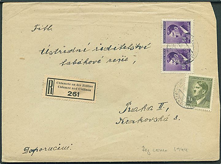 Böhmen-Mähren. 60 h. (par) og 3 k. Hitler udg. på anbefalet brev fra Chlumets an der Zidlina d. 9.3.1944 til Prag.