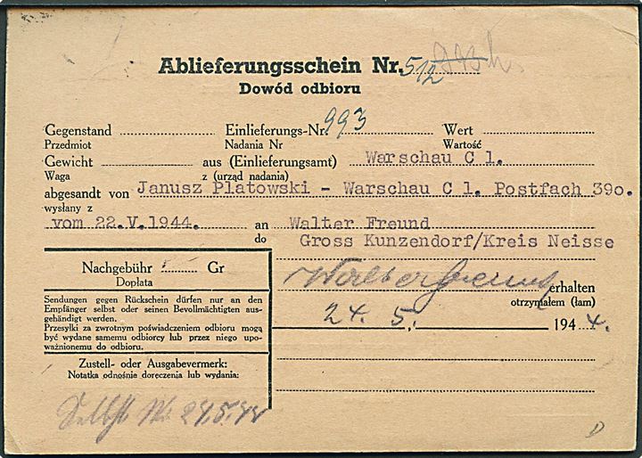 2-sproget ufrankeret modtagelsesbevis stemplet Gross Kunzendorf (Oberschles.) d. 24.5.1944 til Warszawa.
