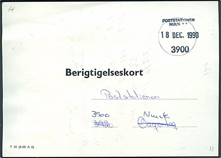 9 kr. Kleist i parstykke og 25 kr. Telef Lynge annulleret med trodat stempel Poststation Nuuk d. 19.12.1990 på berigtigelseskort fra Grønlands Postkontor i Ålborg for underfrankeret pakke til Belgien.