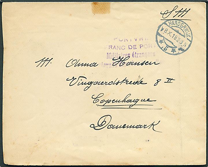 Ufrankeret interneret forsendelse stemplet Harderwijk d. 8.10.1918 til København, Danmark. Fra interneret belgisk soldat i Holland.